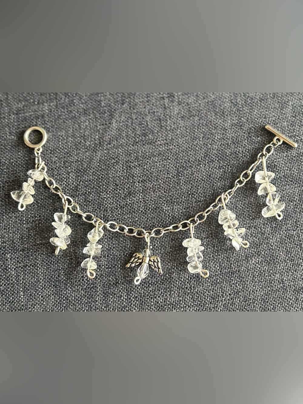 Silver Angel Charm Bracelet with Clear Crystal Drops